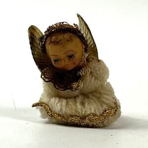 Vintage Yarn Angel Ornament Handmade Felt Wings Gold Trim 2" Christmas Decor